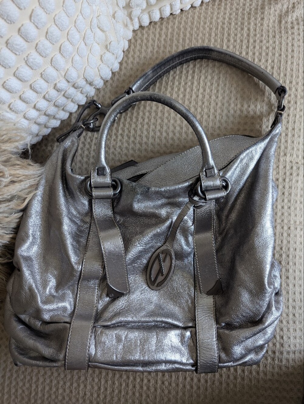 Metallic Silver Leather Tote Bag